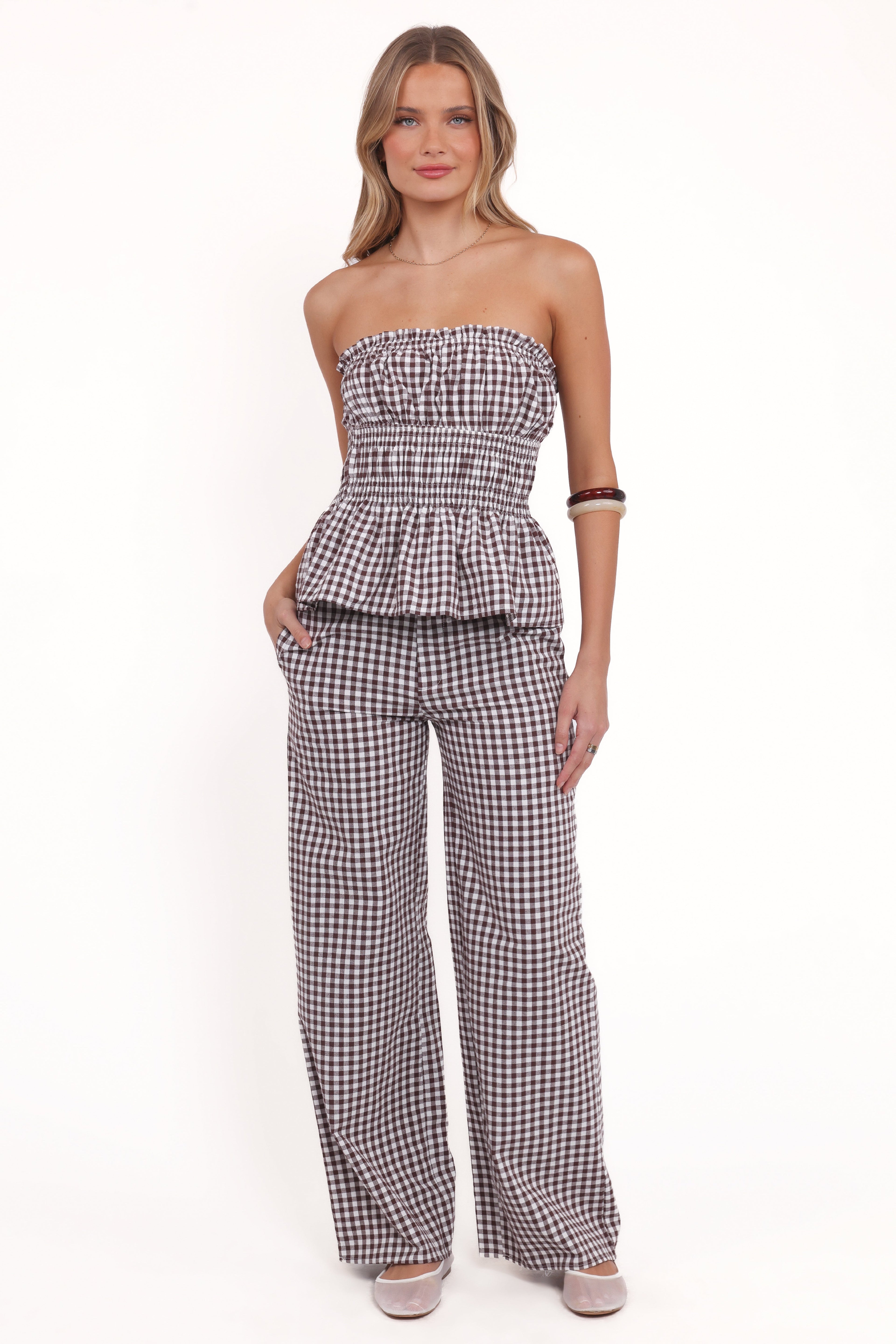 Amity Strapless Top - Brown Gingham